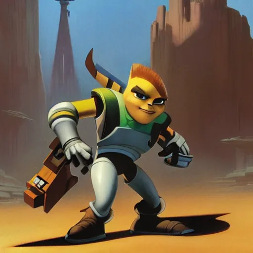 Image similar to ralph mcquarrie concept art for ratchet & clank