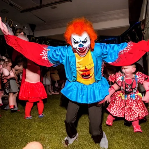 Prompt: evil clown performing at a party with crying children