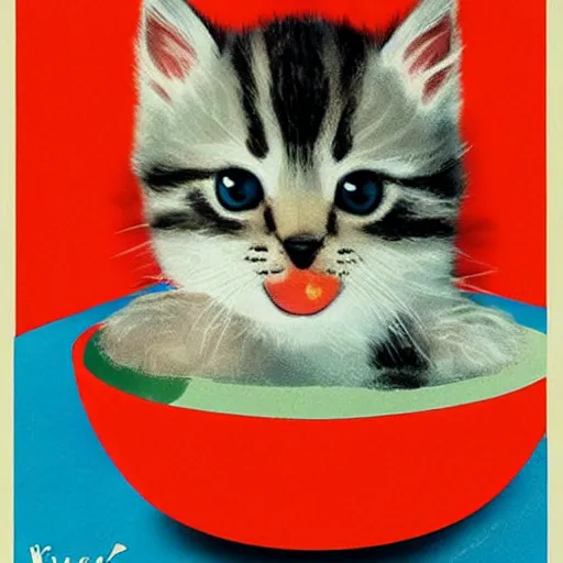 Image similar to baby kitten on a bowl of soup, soviet union poster propaganda