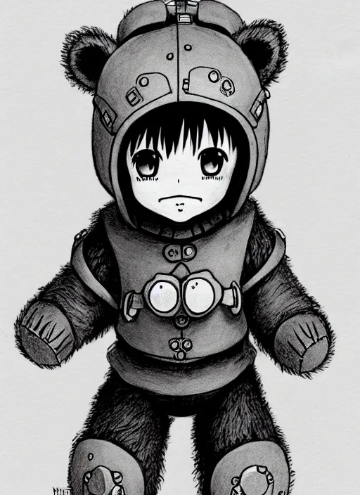 Image similar to beautiful little boy wearing an cyborg bear suit, artwork in kentaro miura and made in abyss and rosdraws, smooth, beautiful lightness, anatomically correct, trending on pixiv, forest