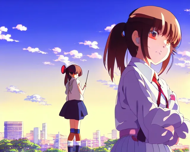 Image similar to anime fine details portrait of joyful school girl and big robot, city landscape on the background deep bokeh, profile close-up view, anime masterpiece by Studio Ghibli. 8k, sharp high quality anime