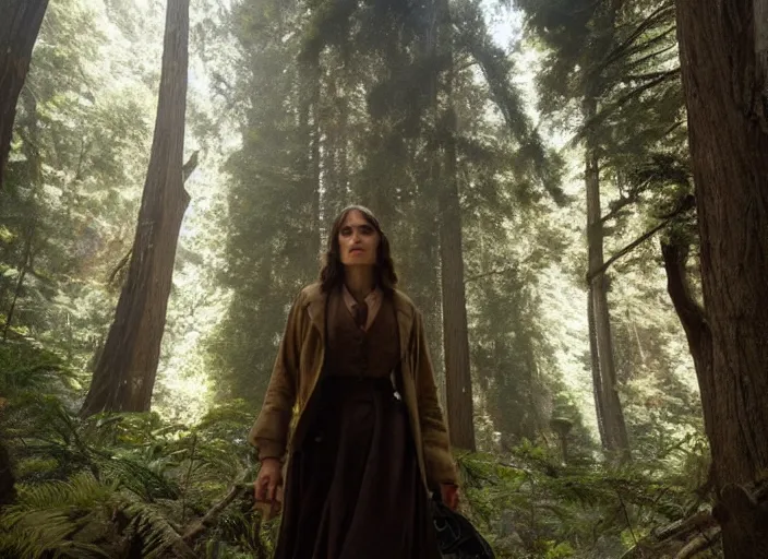 Prompt: First image from Paul Thomas Anderson's new film Big Sur, starring Sofia Boutella as a 19th century naturalist. Cinematography by Michael Bauman, shot on Kodak Vision 200T. 8k print.