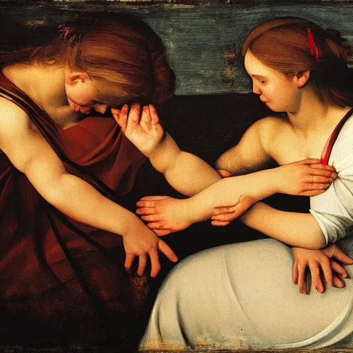 Prompt: a photograph of two girls holding hands while watching the world burn, done in the style of caravaggio, basquiat, akseli gallen kallela, highly detailed, 4 k