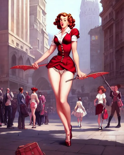 Image similar to pinup photo of hermione jean granger in the crowded square of the city, by greg rutkowski, artgerm, gil elvgren, enoch bolles, glossy skin, pearlescent, anime, very coherent, sao style anime, flat