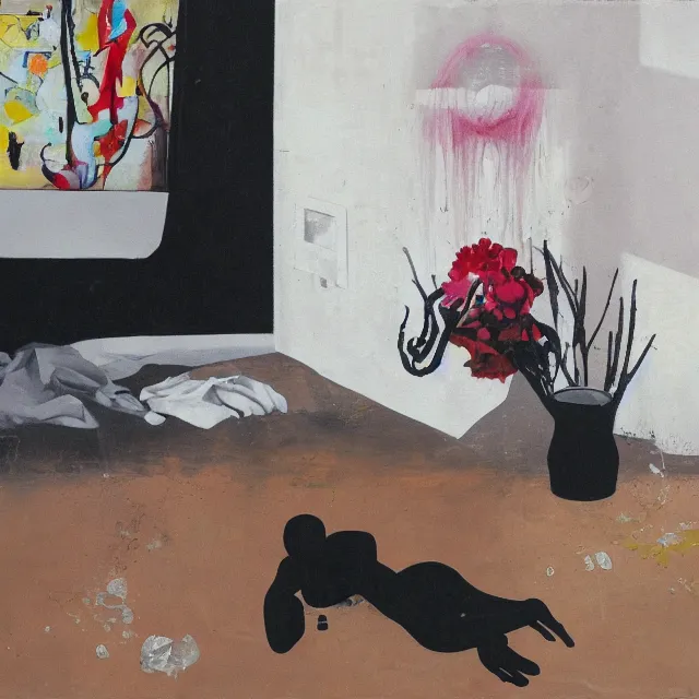 Image similar to empty room with black walls, sensual portrait of a woman sleeping, japanese vase, old flowers, puddle of water, octopus, squashed berries, neo - expressionism, surrealism, acrylic and spray paint and oilstick on canvas