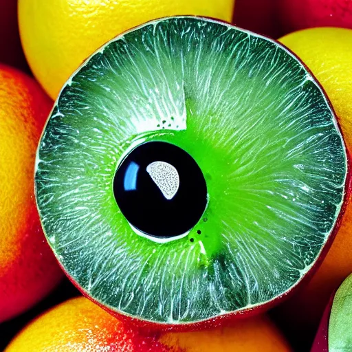 Prompt: Photo of A fruit with eyes, sigma 50mm, ƒ/8, focal length: 50mm, hyperrealistic.