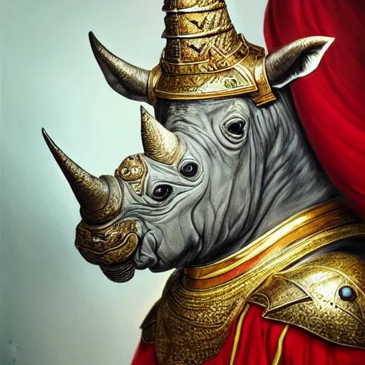 Prompt: detailed photorealistic painting of a one horned rhino wearing a highly detailed ornamented gold crown with diamonds, in a medieval knight armor with red cape , holding a chess piece, sharp focus in the style of ruan jia, Mandy jurgens, cinematic light, concept art, trending on artstation, ultra realistic