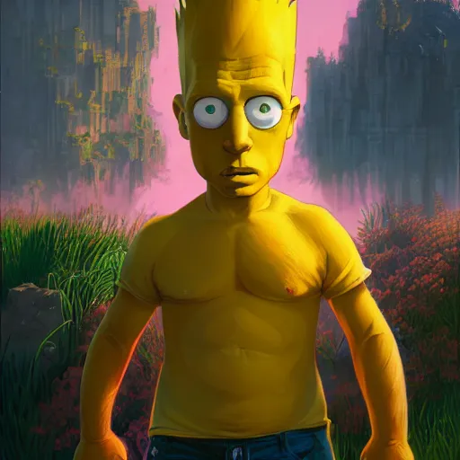 Image similar to highly detailed portrait bart simpson, in gta v, stephen bliss, unreal engine, fantasy art by greg rutkowski, loish, rhads, ferdinand knab, makoto shinkai and lois van baarle, ilya kuvshinov, rossdraws, tom bagshaw, global illumination, radiant light, detailed and intricate environment