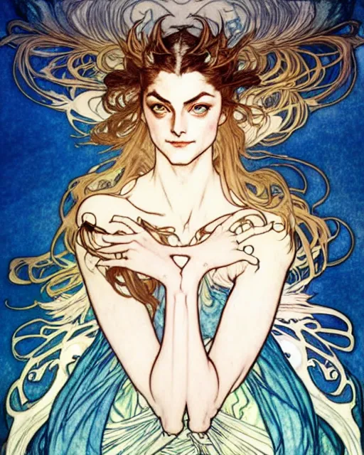 Image similar to in the style of artgerm, arthur rackham, alphonse mucha, phoebe tonkin, symmetrical eyes, symmetrical face, flowing blue skirt, full entire body, hair blowing, intricate filagree, hidden hands, warm colors, cool offset colors