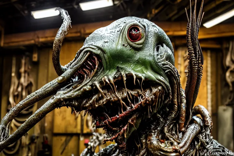 Image similar to wide angle photo taken of an epic intricate, ultra detailed, super realistic gritty, hero prop, exquisitely weathered animatronic movie prop of a lifelike sculpture of a wet, slimey nightmarish hellish alien creature displayed in the workshop, created by weta workshop, full body shot, photorealistic, sharp focus