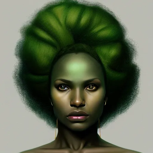 Image similar to a detailed matte oil on canvas head on symmetrical portrait of black skinned woman with long white and ( ( ( pale green ) ) ) hair, clothed by charlie bowater, lise deharme, wlop, trending on artstationhd, dungeons and dragons art critical role