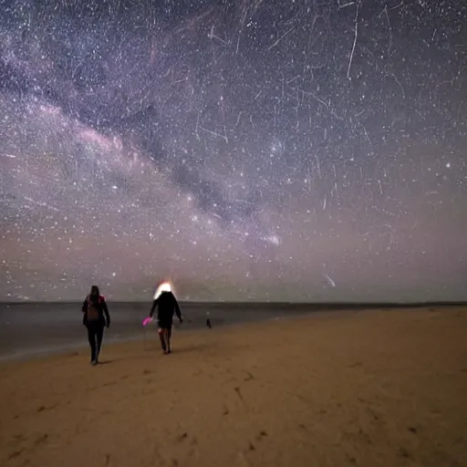 Prompt: meteor shower while walking dog on beach