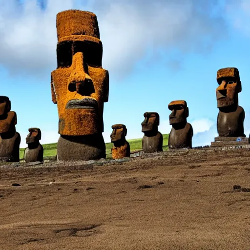 Prompt: 4 k colorful photograph of easter island statues overlooking a prison