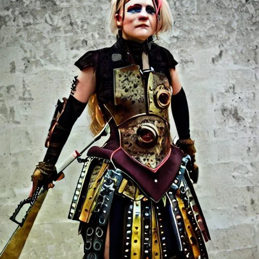 Prompt: photo of a female clockpunk warrior