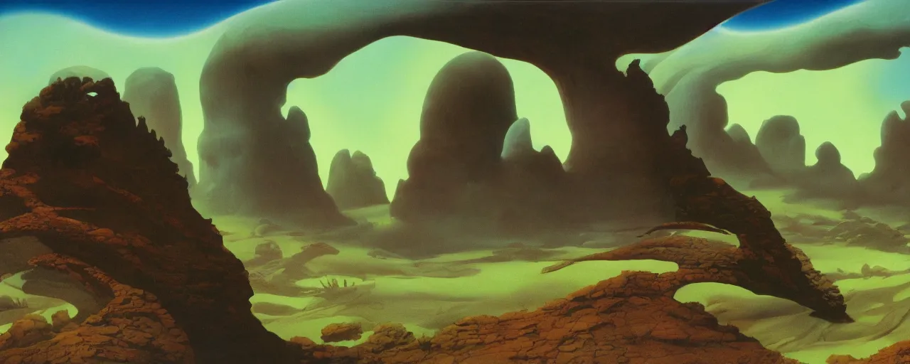 Prompt: otherworldly landscape by roger dean, [ cinematic, epic, opening shot, establishing, mattepainting, 4 k ]