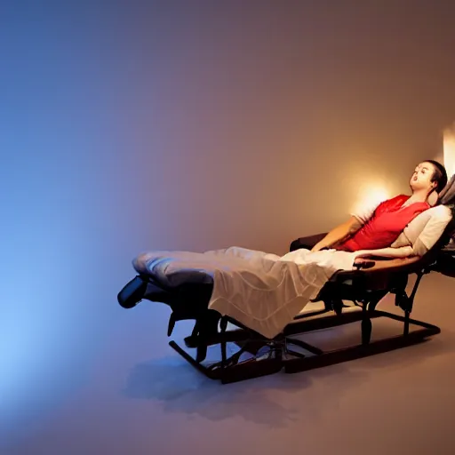 Image similar to person receiving acupuncture treatment in a recliner chair floating in the sky, beautiful, rainbows, dramatic lighting