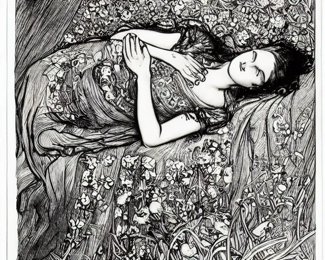 Image similar to ophelia by john everett millais, illustrated in the style of aubrey beardsley, black ink, decadent, floral, intricate line art