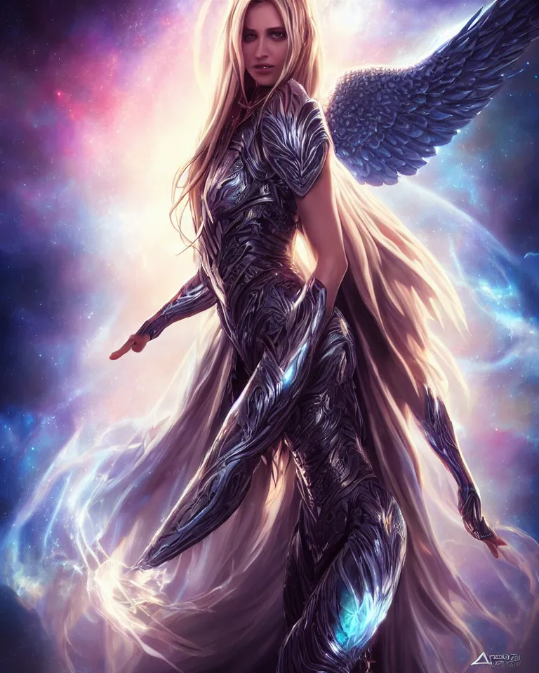 Image similar to beautiful cinematic fantasy poster, one beautiful fantasy angel floating, beautiful glowing galaxy eyes, hybrid from The Elden Ring and art direction by Darius Zawadzki ;by artgerm; wayne reynolds art station; cinematic quality character render; low angle; ultra high quality model; production quality cinema model;