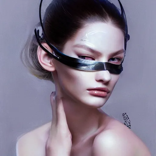 Image similar to A masterpiece portrait of a Incredibly beautiful futuristic high fashion model girl with designer mask. Vogue. trending on artstation, digital art, by Stanley Artgerm Lau, WLOP, Rossdraws, James Jean, Andrei Riabovitchev, Marc Simonetti, Yoshitaka Amano