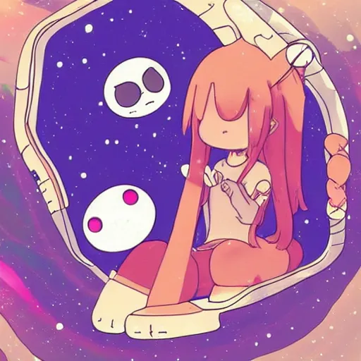 Image similar to relaxing in space in the style of lo-fi girl, anime, adventure time,