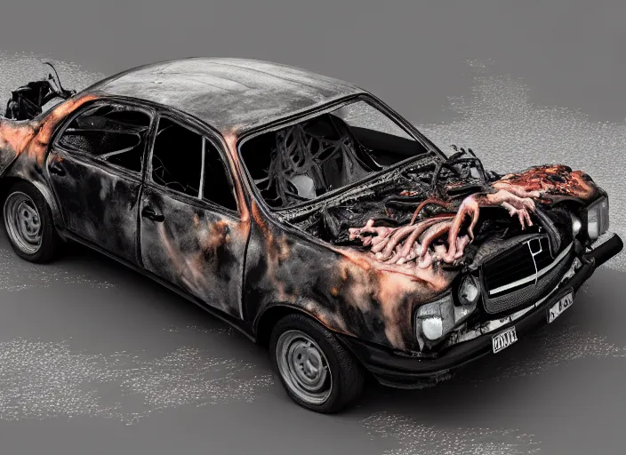 Image similar to a big woman intertwined axolotl in burning wrecked mercedes 1 2 4, ultrafine hyperdetailed illustration by kim jung gi, masterpiece. rendered in blender, smooth shadows, ultra detail, high resolution, unreal 6, 8 k