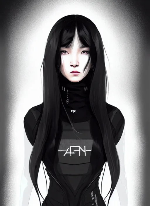 Image similar to full body portrait of long black hair girl within a techwear. cynical face, concept art, character illustrations, intricate, highly detailed 8 k, smooth, sharp focus, beautiful and aesthetic shape of face and body, artgerm, artstation, art by zexi guo and nira and junpei suzuki and gharliera and rinotuna