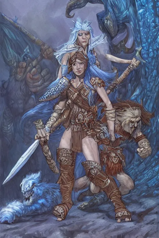 Prompt: a small blue-skinned triton girl wearing scale armor riding on a the shoulders of a large male goliath wearing fur and leather armor, dnd concept art, painting by Larry Elmore and ross tran