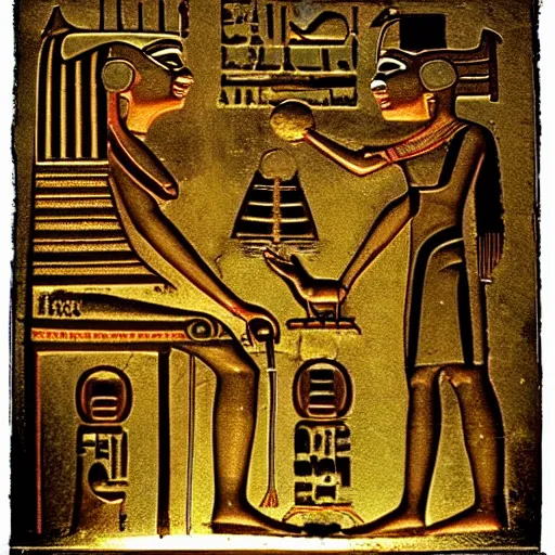 Image similar to ancient egyptian hieroglyphics with depiction of humans worshipping cats. high definition, gold plated, high contrast.