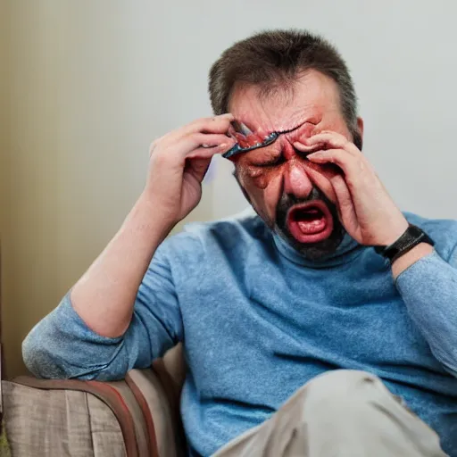 Image similar to a crying man, using his index finger as a shoehorn, in a living room