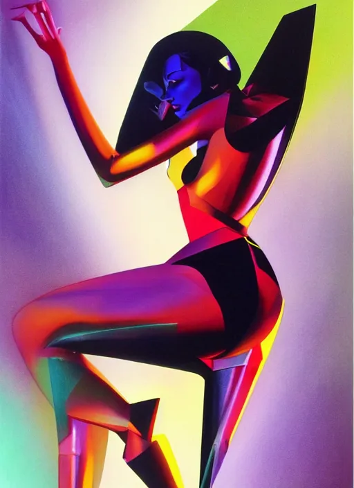 Prompt: futuristic lasers, data visualization, cyberpunk visor girl pinup, by steven meisel, james jean and rolf armstrong, geometric cubist acrylic and hyperrealism photorealistic airbrush painting with retro and neon colors