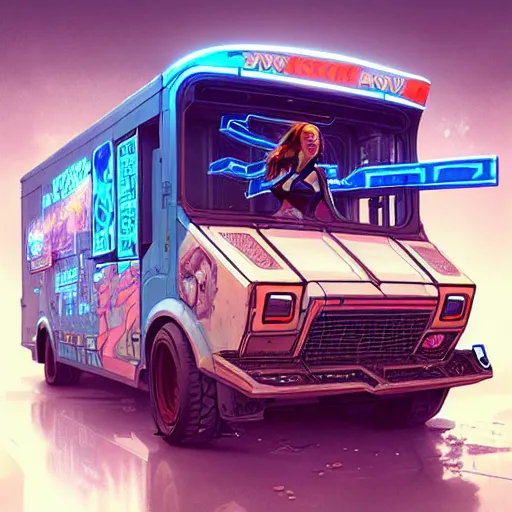 Image similar to a cyberpunk ice cream truck digital painting, intricate, elegant, highly detailed, artstation, concept art, matte, sharp focus, illustration, art by Artgerm and Greg Rutkowski and Alphonse Mucha