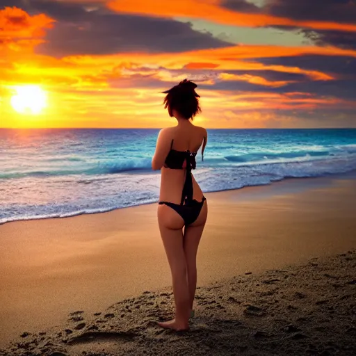 Image similar to beautiful anime girl in a bikini watching the sunset on a beach