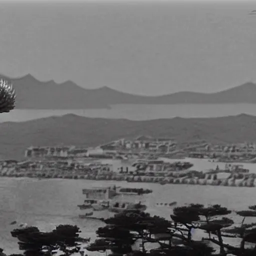 Image similar to a goryeo budhist icon of ONE giant Kaiju Starfish Monster over a traditional village, minimal cinematography by Akira Kurosawa, hyperrealistic movie filmstill, single subject, monster over city, dramatic minimal composition