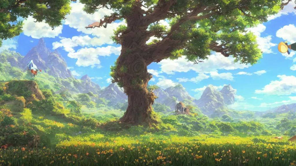 Image similar to fantastic anime sunny meadow with flowers, lone old Oak in the middle plane and mountains on the background, by Hayao Miyazaki, nausicaa of the valley of the wind, studio Ghibli style, Anime wallpaper, stunning