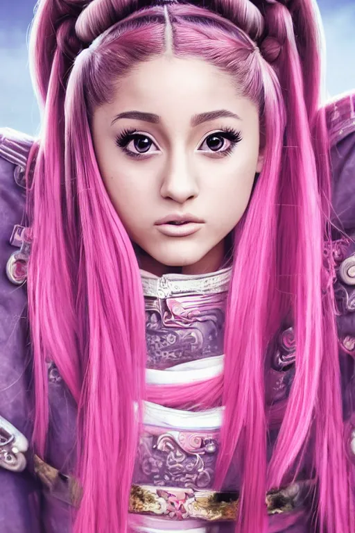 Image similar to highly detailed beautiful photo of a ariana grande as a young female samurai, practising sword stances, symmetrical face, beautiful eyes, pink hair, realistic anime art style, 8 k, award winning photo, pastels colours, action photography, 1 / 1 2 5 shutter speed, sunrise lighting