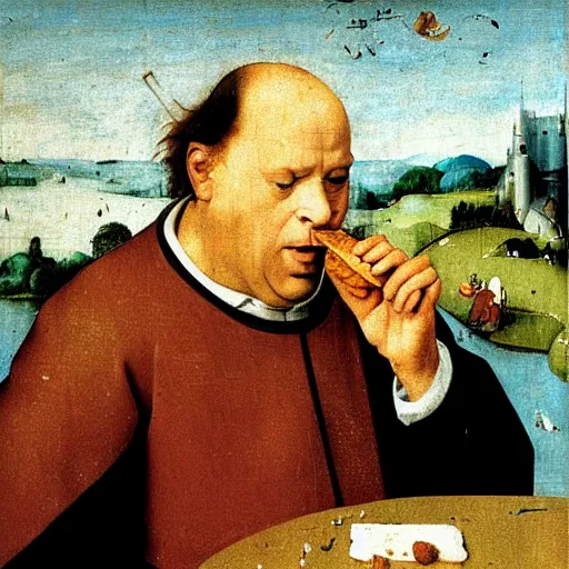 Image similar to George Costanza eating an eclair out of a trash can, by Hieronymous Bosch