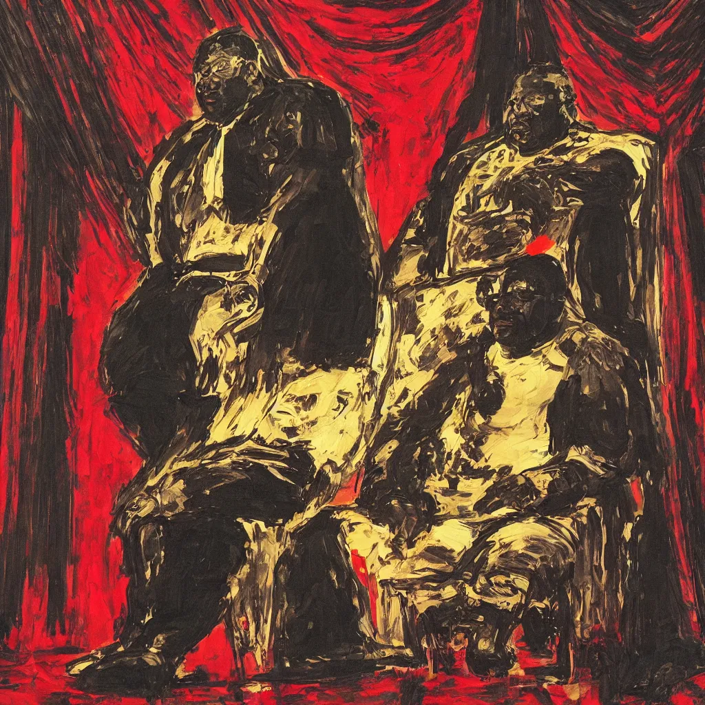 Image similar to style of frank miller, portrait of big black man sitting on throne, background made of big curtains