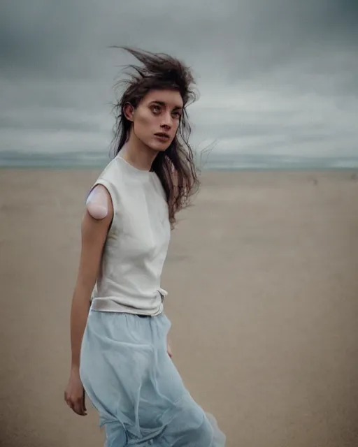 Image similar to a portrait of a beautiful woman walking on a beach on a cloudy overcast day by alessio albi.