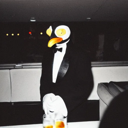 Prompt: photo of a man in a suit wearing a latex mask of a emperor penguin, at a nightclub, back photo