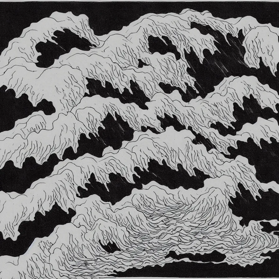 Image similar to japanese black and white lineart of an erupting volcano, hokusai style