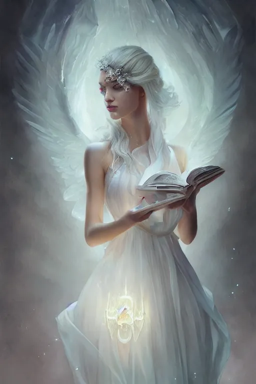 Image similar to beautiful ghost model wearing crystal white dress, holding book, rest face expression, diamonds, angel, fantasy, dramatic lighting, highly detailed, digital painting, magic the gathering, hyper detailed, 3 d render, hyper realistic detailed portrait, peter mohrbacher, wlop, ruan jia