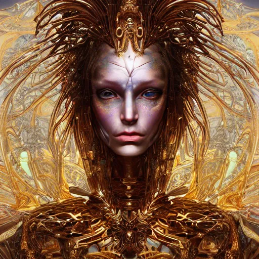 Image similar to a beautiful symmetrical full body made of golden ornaments by alex gray and android jones , Karol Bak, Ayami Kojima, Amano , 3D, 8k resolution
