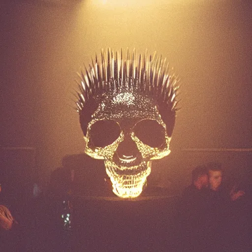 Image similar to a disco skull full of long spikes, reflecting light in a nightclub, grainy film photograph