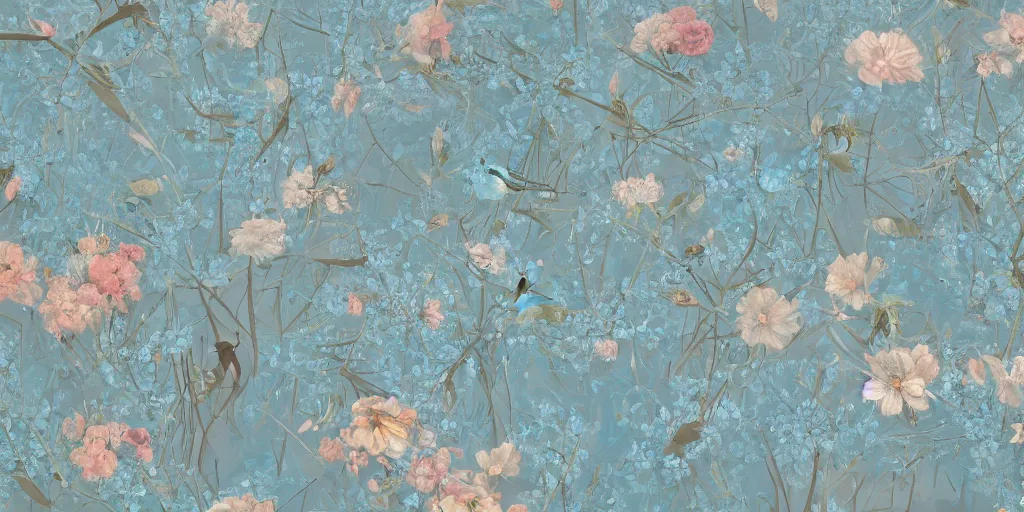 Image similar to breathtaking detailed concept art painting pattern of goddesses of light blue flowers with anxious piercing eyes and background blend of flowers and fruits and birds, by hsiao - ron cheng and beto val and john james audubon, bizarre compositions, exquisite detail, extremely moody lighting, 8 k