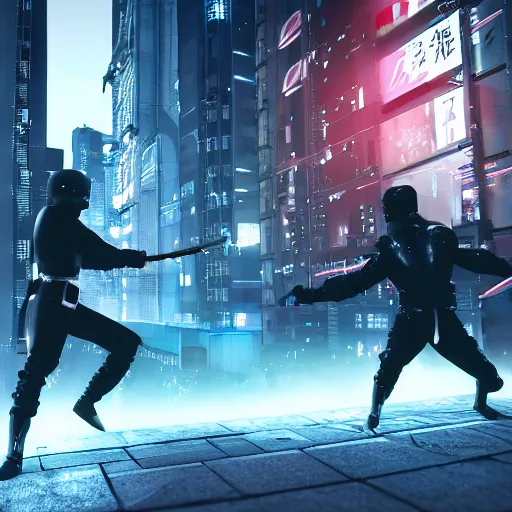 Prompt: fight of two ninja on cyber punk tokyo cityscape, unreal engine, octane render, haze, 8k, cinematic camera composition