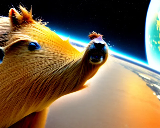 Image similar to a capybara is standing on astronaut, phantasia photo, concept art