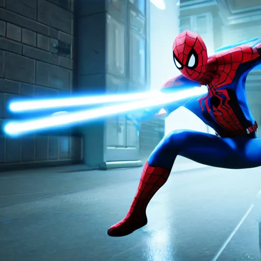 Image similar to spider - man fighting with a blue lightsaber, photorealistic, unreal engine