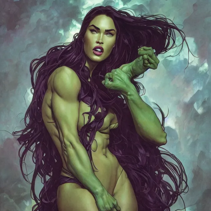 Image similar to megan fox as female hulk by artgerm, greg rutkowski, alphonse mucha