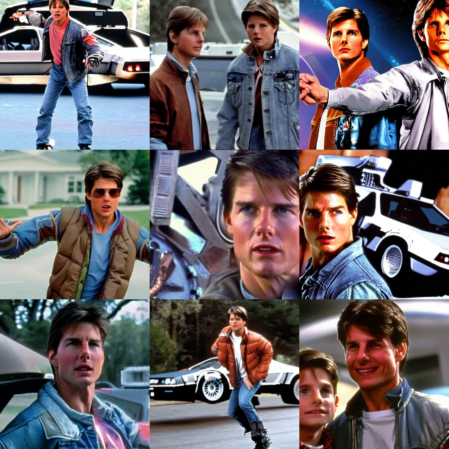 Prompt: tom cruise as marty mcfly in back to the future, hoverboard, delorean