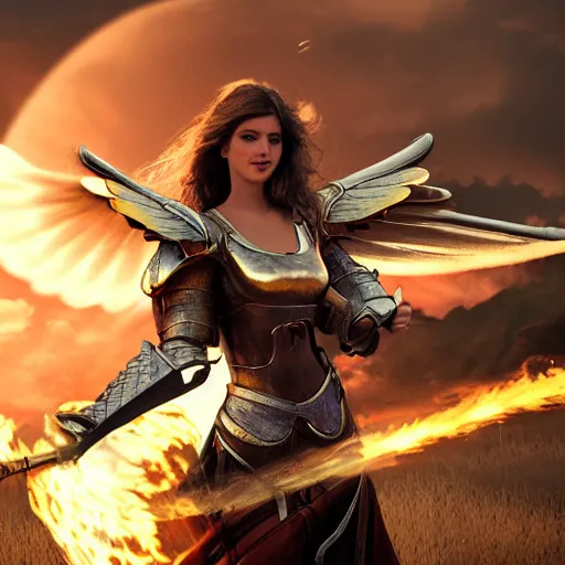 Prompt: Portrait of a beautiful woman in angelic battle armor and wings, wielding a flaming sword, among the clouds, golden hour, cinematic, epic, 4k, stylized, realism